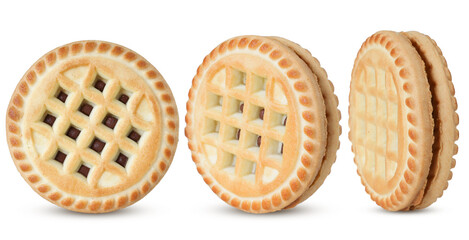 Sandwich cookies with milk cream isolated on white background.  Collection of cookies on white background