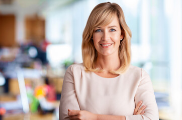 Attractive blond haired businesswoman standing with arms crossed at the office