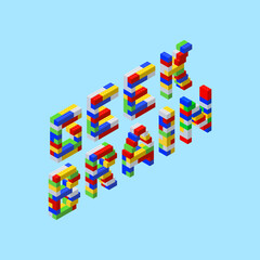 Isometric letters from plastic colored blocks on a blue background in the phrase -geek brain. Vector illustration.