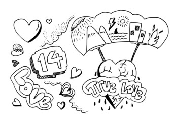 Hearts, calligraphy of love. Illustrations of strong love can support heavy loads.