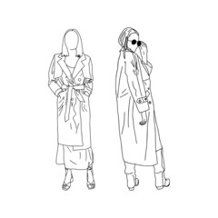 Young girls posing in trendy trench coats, drawn in a linear style. Vector illustration.