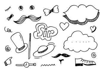 Gentleman's vintage accessories doodle.Hand drawn men illustrations set.