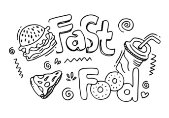Vector hand drawn fast food Illustration with lettering.Vector Illustration. 