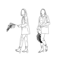 Linear drawing of business girls with palm branch.Vector illustration.