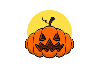 Hand drawn Halloween icon with a pumpkin vector illustration. on purple background. for poster, social network, banner, cards.
