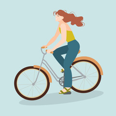 Fototapeta na wymiar A cute girl with flying hair rides a bicycle. Active lifestyle concept, eco-friendly means of transportation. Vector illustration.