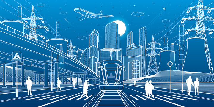 Wide highway. Modern night town. City energy system. Tram rides. Car overpass. People walking at street. Infrastructure outlines illustration, urban scene. White lines. Vector design art 