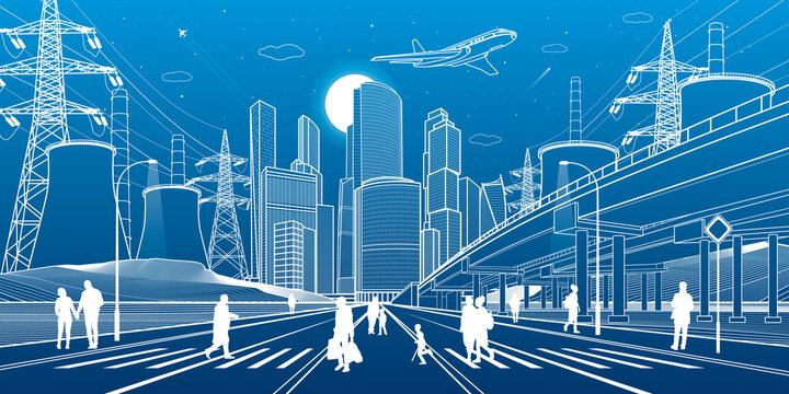 energo-3Wide highway. Modern night town. City energy system. Car overpass. People walking at street. Infrastructure outlines illustration, urban scene. White lines on blue background. Vector design ar