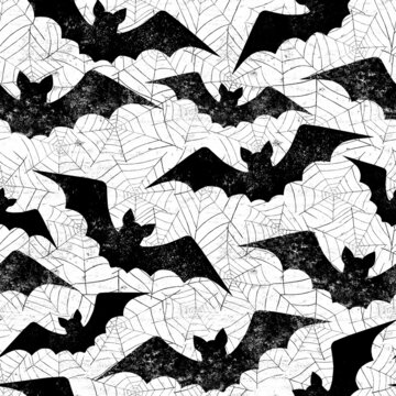 Halloween grunge seamless pattern with flying bats