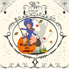 Vintage frame Witch sitting on a pumpkin Halloween holiday design flat illustration