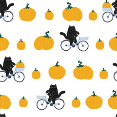 black Halloween pumpkin cat seamless pattern. the harvest festival pattern. a cute animal on a bicycle. stock vector illustration on a white background.