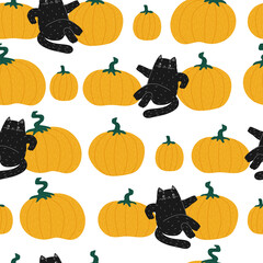 halloween pumpkin black cartoon cat seamless pattern. the cat and the autumn harvest. Leaf fall. Stock vector illustration on a white background.