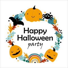 Cute Halloween childish holiday frame banner design with candy, pumpkin, rainbow, bat and spider. Vector flat style illustration. Hand Drawn Kawaii Style Decoration for Party. Happy Halloween Card.