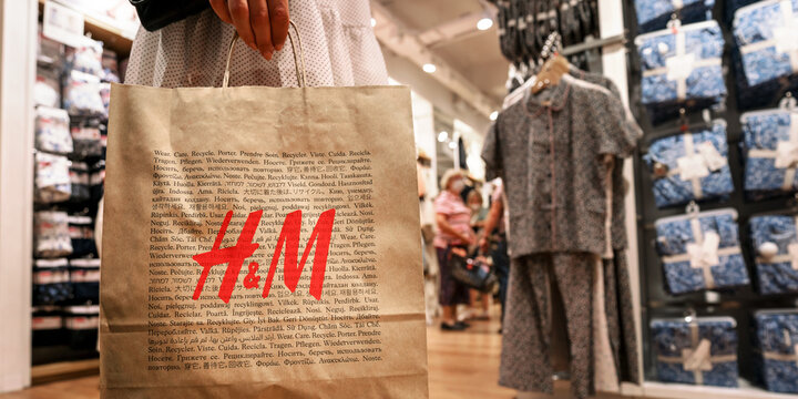 St. Petersburg, Russia, 8 July, 2021 - H and M paper eco shopping bag