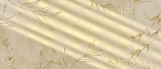 Organic shadow panorama background over textured wall with plants and light effects with gold...
