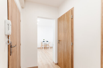 Hallway with contemporary wooden room door designs, wooden floor and opened entrance in the end. All doors have a wooden texture and fittings made of brown matt stainless steel. 