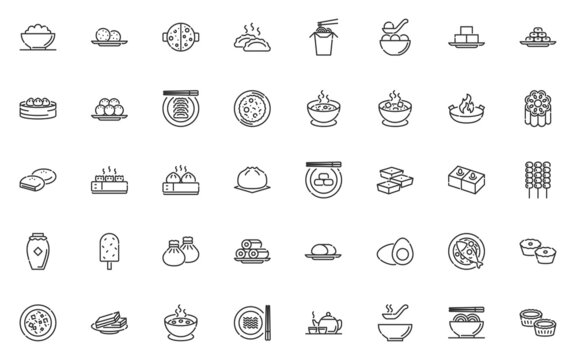 set of chinese food thin line icons