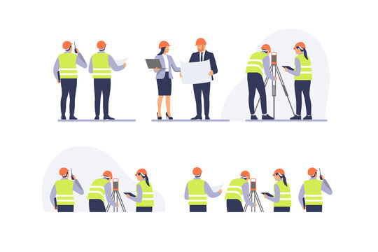 Engineers team with equipment on the construction site. Vector illustration.