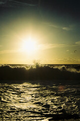 sunset over the sea in south west of France. Golden hour over the waves.