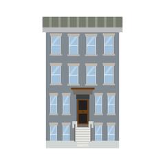 Flat vector illustration of walk-up residential apartment building, brick house. Isolated on white background.