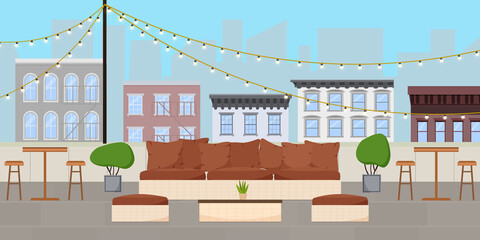 Flat vector illustration of rooftop terrace bar lounge with light bulb garlands at day time and cityscape with walk-up buildings and skyscrapers