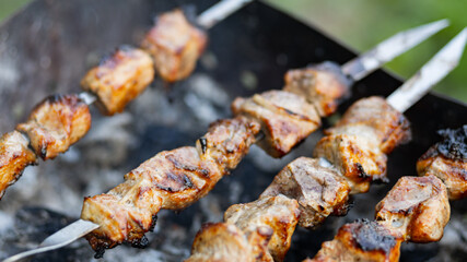 Barbecue meat on skewers. Cooking shashlik on the mangal in nature. Grilled kebab cooking on metal skewer. Home picnic