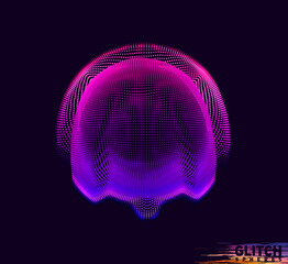 Corrupted violet point sphere. Abstract vector colorful mesh on dark background. Futuristic style card.
