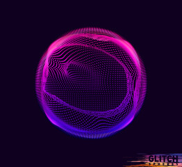 Corrupted violet point sphere. Abstract vector colorful mesh on dark background. Futuristic style card.