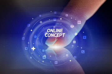 Finger touching tablet with social media icons concept