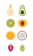 Halves fruit set coconut orange kiwi peach pear avocado seed strawberry grapes flat vector vegetables sweet juicy