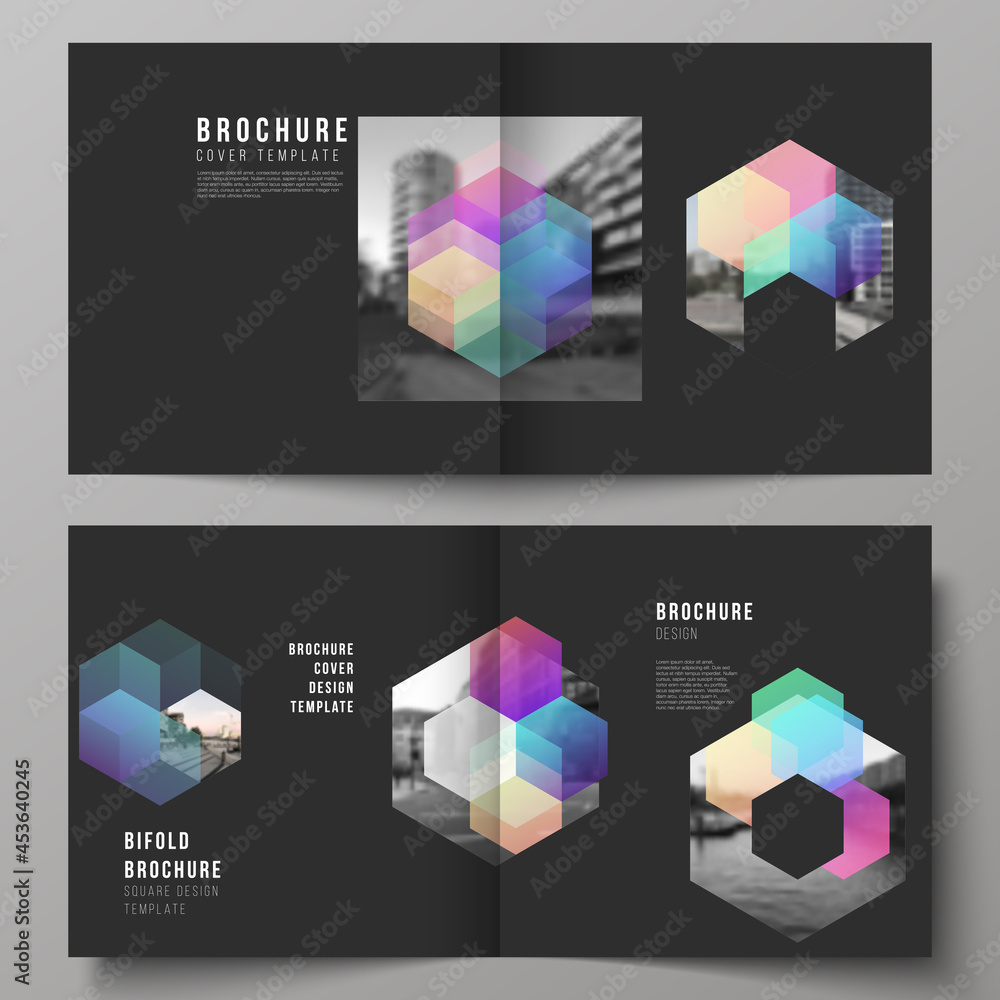 Poster vector layout of two covers templates with colorful hexagons, geometric shapes, tech background for 