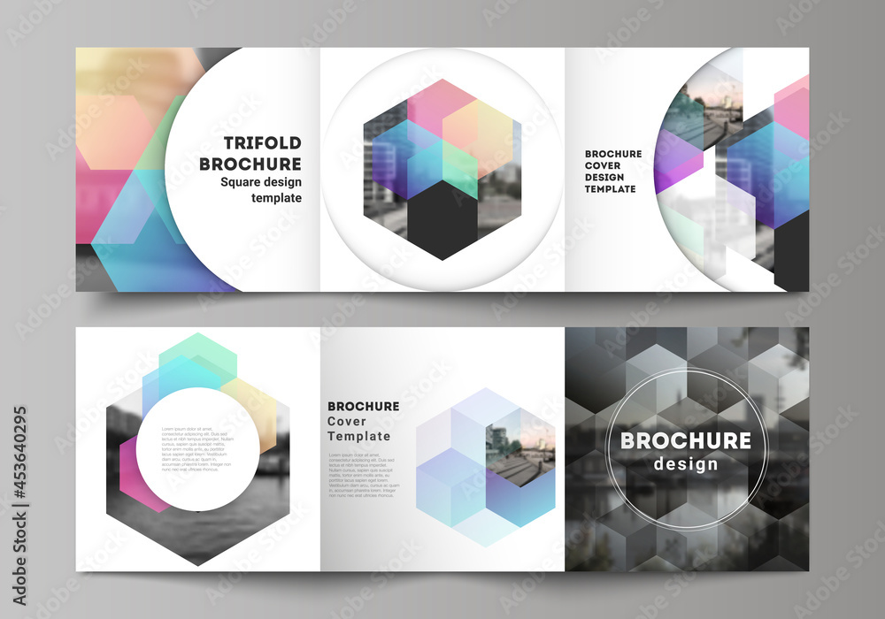 Poster vector layout of square format covers design templates with abstract shapes and colors for trifold b
