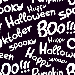 Halloween Seamless Pattern of Lettering on Black. Funny Cartoon illustration Digital Paper. Spooky Holiday Texture Perfect for Home Decor, Gift Wrapping and Textiles. Vector
