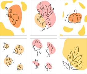 Abstract doodle cards on the theme of autumn. Postcards with pumpkin, autumn, trees, leaves, mushrooms.