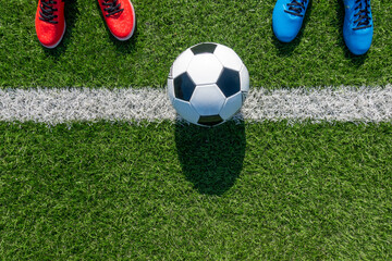 Soccer football background. Soccer ball and two pair of football sports shoes on artificial turf soccer field