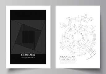 Vector layout of A4 cover design templates for brochure, flyer layout, booklet, cover design, book design. Black color technology background. Digital visualization of science, medicine, tech concept.