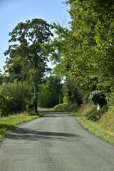 Fototapeta na wymiar Petite route secondaire de campagne traversant les zones semi-boisées aux environs du bourg de Champagne au Périgord Vert 