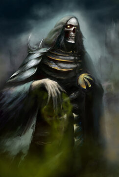 An ancient evil skeleton lich holds a magic sphere in his hand and uses dark magic, he is dressed in a torn cloak and armor, followed by an army of the dead.