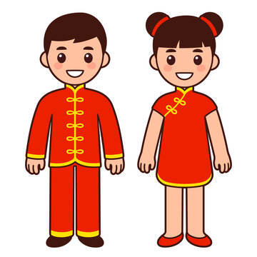 Cartoon children in traditional Chinese costumes