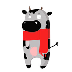 cute funny cow in autumn scarf, vector clipart, children's funny illustration with cartoon character good for card and print design