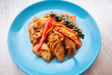 Thai food, Stir Fried Spicy Pork Belly or called Pad Cha Pork Belly