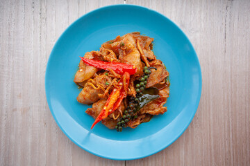Thai food, Stir Fried Spicy Pork Belly or called Pad Cha Pork Belly