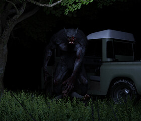 3d illustration of a Werewolf holding a dead body in a field with a car beside it
