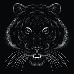 The Vector logo tiger for tattoo or T-shirt design or outwear.  Hunting style big cat print on black background. This hand drawing is for black fabric or canvas.