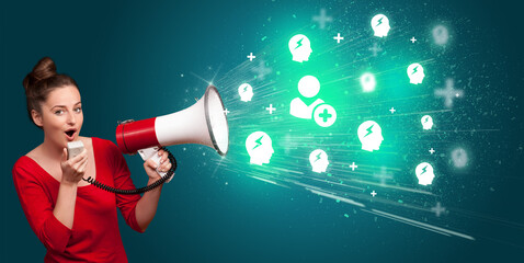 Young person with megaphone and social networking icon