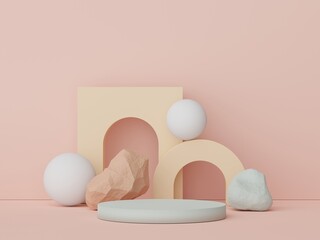 Fototapeta premium Abstract display podium with minimal geometric shapes design. 3d rendering scene for mock up and product presentation. Pedestal platform for cosmetic advertise.