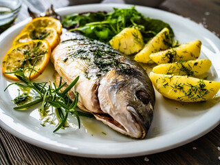 Roast sea bream  with potatoes and vegetables on wooden table
