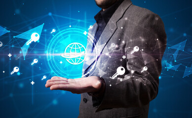 Businessman holdig business icons concept