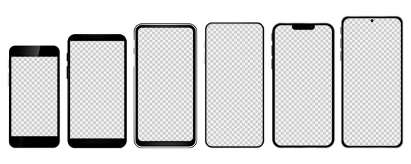 Realistic models smartphone with transparent screens. Smartphone mockup collection. Device front view. Vector illustration.