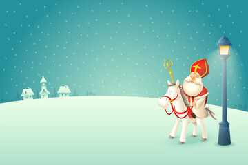 Saint Nicholas - Sinterklaas with his horse Amerigo is coming to town at winter night